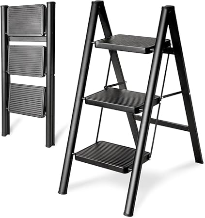 BLURISM 3 Step Ladder Folding Step Stool, Portable Steel Folding Step Ladder with Wide Anti-Slip Pedal, Multi-use Stepladder Anti Slip Steps for Household, Kitchen, and Office Use Space Saving (Black)