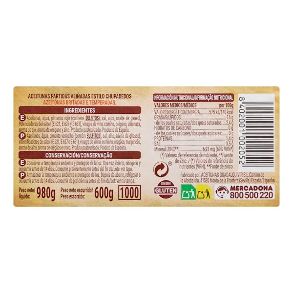 Huerta de Barros Olives Vertes Chupadedos Cassées et Assaisonnées, Bocal 980g, Lot de 3