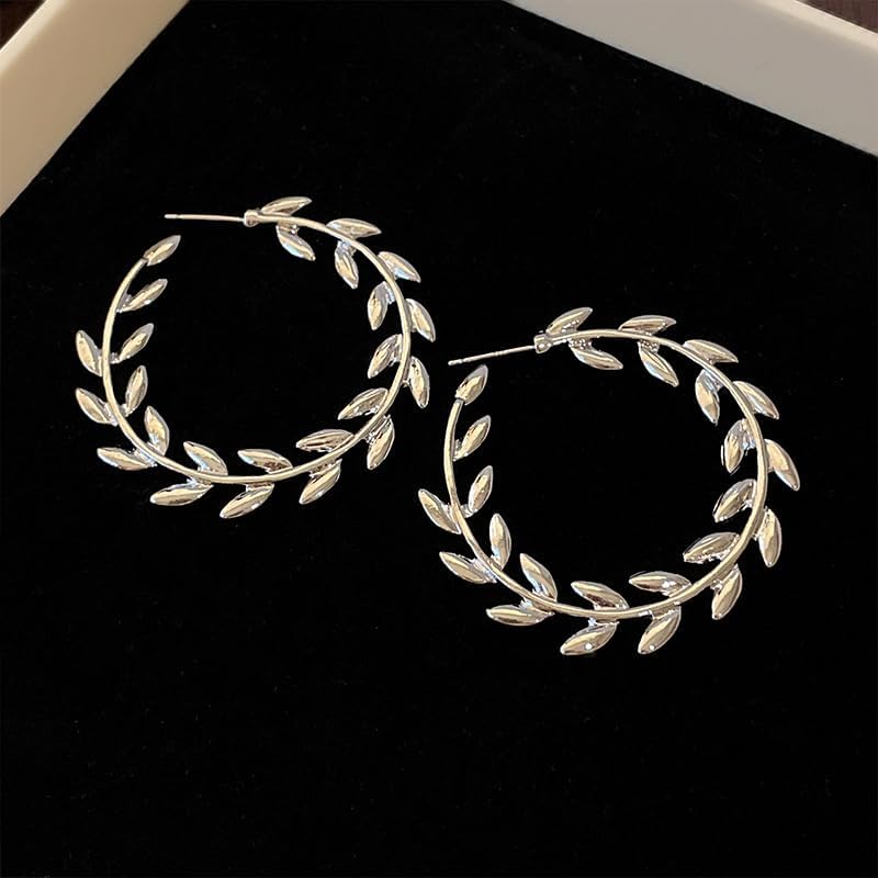 Dainty Leaf Large Open Circle Hoop Earrings for Women Sterling Silver Post Statement Polished C Shape Plant Leaves Dangle Huggie Fashion Trendy Big Hoops Drop Earring Lightweight Prom Jewelry Gifts - Image 4