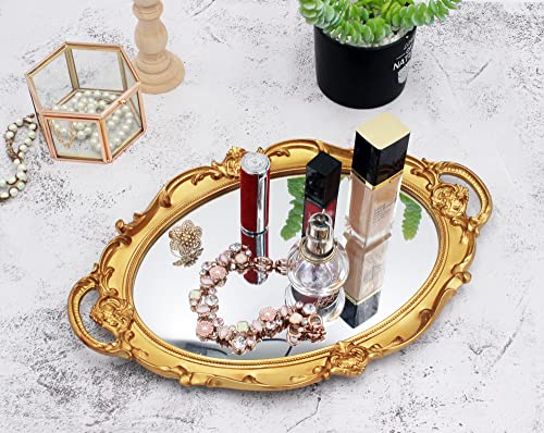 Funerom FM935G01 Vintage 14.5 X 10 Inch Perfume Tray Mirror Tray Jewelry Organizer Serving Tray Oval Antique Gold thumb #1