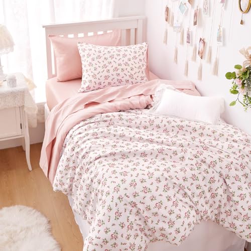 Image of Wake In Cloud - Twin /Twin XL Comforter Set, 3-Piece, Floral Shabby Chic Coquette Cottagecore Flower Light Blush Pink Green, Soft Lightweight College Dorm Bedding for Women Teen Kids Girls