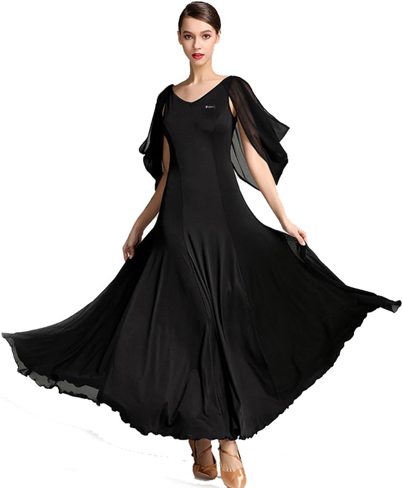 YILINFEIER Women V Neck Flying Yarn Sleeves Elegant Hemline Competition Standard Waltz Flamenco Ballroom Salsa Dance Dresses