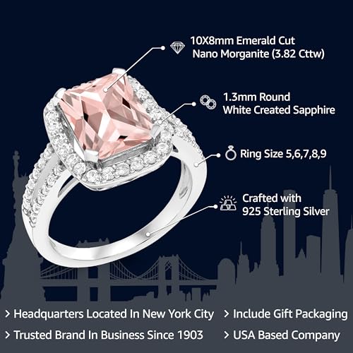 Gem Stone King 3.82 Cttw Peach Nano Morganite Engagement Ring For Women | 925 Sterling Silver | Emerald Cut 10X8MM | Available In Size 5, 6, 7, 8, 92
