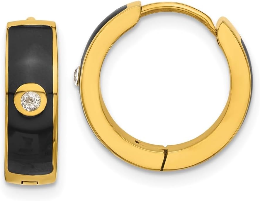 Diamond2Deal Stainless Steel Polished Yellow IP-plated with Enamel and Cubic Zirconia 5mm Hinged Hoop Earrings (L-0.59 Inch, W-0.19 Inch)