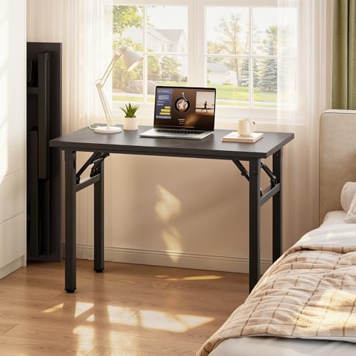 Image of Need 35.8 Inch Folding Desk for Small Spaces, Home Office Computer Desk with Wood Top & Black Frame, Foldable Writing Table for Study, Bedroom, Dorm Room & Student, Black