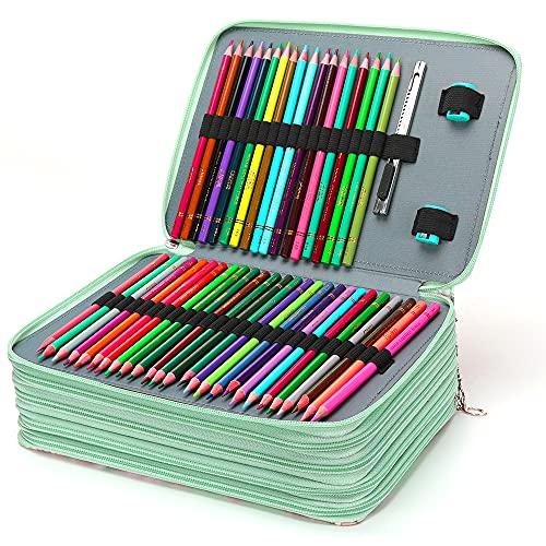 Image of Vomgomfom Colored Pencil Case - 252 Slots Pencil Holder with Zipper Closure Twill Fabric Large Capacity Pencil Case for Watercolor Pens or Markers, Pencil Case Organizer for Artist (Green Rose)