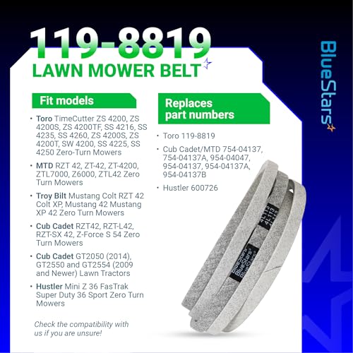 Image of BlueStars 119-8819 Mower Deck Belt | Aramid Cord | 1 /2 inch x 113 1 /2 inch