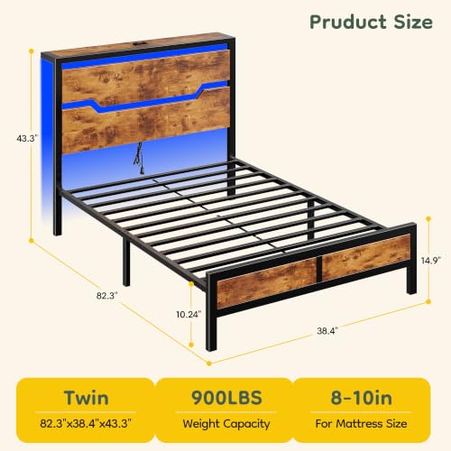 Image of Homkdom Twin Metal Bed Frame with LED Storage Headboard & USB Outlets Brown | Underbed Storage for Saving Space, Noise-Free Quiet Sleep Setup for Teens Room, College Dorms & Small Studio Apartments