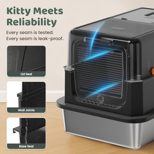 Image of Stainless Steel Litter Box with Lid - XL Enclosed Litter Box for Cats with Collecting Mat - 4 Way Setup Fully Closed, Semi Low, High & Open Kitty Boxes, Leak Proof Metal LitterBox (Black)