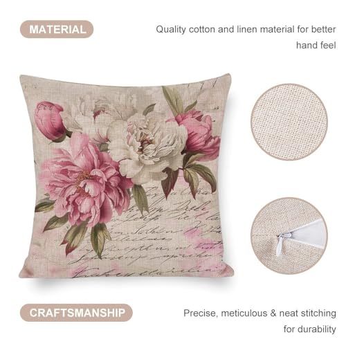 Masiledy CUTTON LINE PILLOW COVER Farmhouse Pillow Covers Pink Rose Floral Cushion Covers French Shabby Chic Peonies Outside Pillows Cushion Case thumb #3