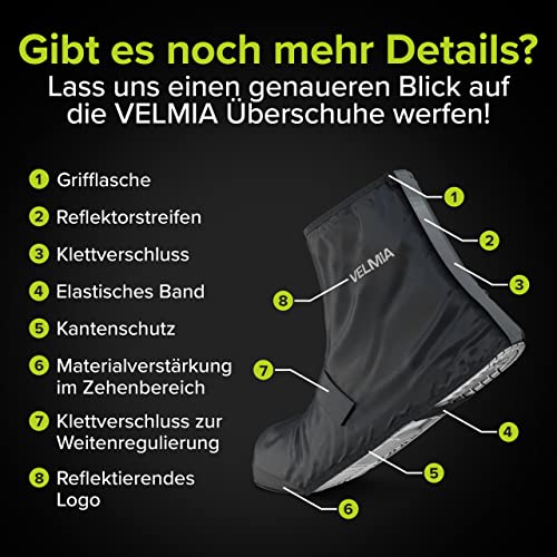 VELMIA Schuhüberzieher wasserdicht Schwarz I Regenschutz Schuhe Fahrrad mit reflektierendem Material und verstärkter Spitze I Regen Überschuhe Fahrrad