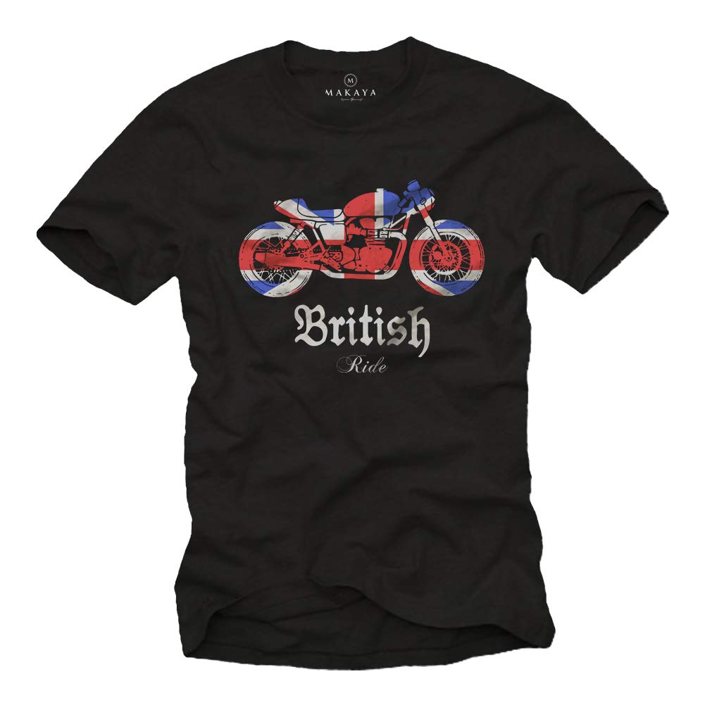 Makaya Men's Black Biker T-Shirt - Union Jack Flag With Motorcycle Ride British Gift For Him Size Xl