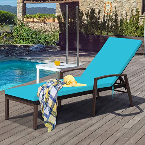 Tangkula Patio Rattan Lounge Chair, Outdoor Reclining Chaise Louge With Cushion And Armrest, Wicker Sun Lounger With Adjustable Backrest For Garden, Balcony, Poolside (1, Turquoise) #TOP1