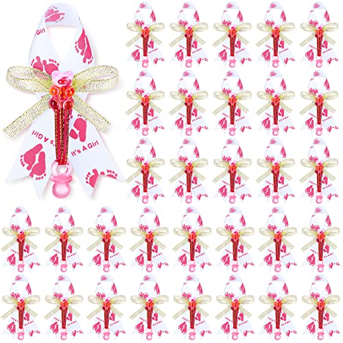 Jexine 50 Pcs Baby Shower Bowknot Brooch Pins Baby Shower Gifts It's a Girl Ribbon Brooch with Pink Pacifier and Bear for Gender Reveal Party Decorations
