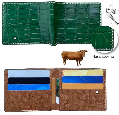 Image of Green Leather Slim Bifold Wallet Gift Men Hand Stitching Luxury Large Capacity Credit Card Holder Premium Security Wallet RFID Blocking Anti Theft Handmade By Vietnamese VINAM-87