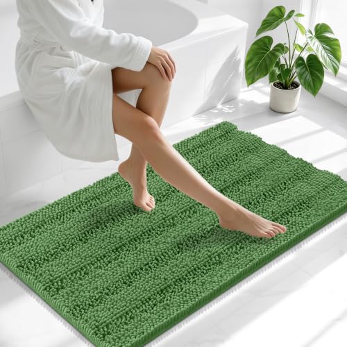 Image of Smiry Thick Chenille Bathroom Runner Rugs 44x24, Extra Absorbent Striped Bath Mat, Machine Washable, Rubber Backing, Long Bath Rugs for Bathroom, Tub & Shower, Home Decor Accessories, Olive Green