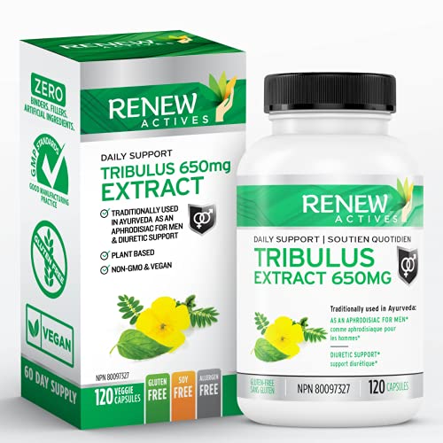 Renew Actives Tribulus Terrestris Extract: 1300mg Tribulus Powder Supplement with 45% Saponins - Energy and Performance Testosterone Booster for Men - Vegan Tribulus Herbal Supplements - 120 Capsules