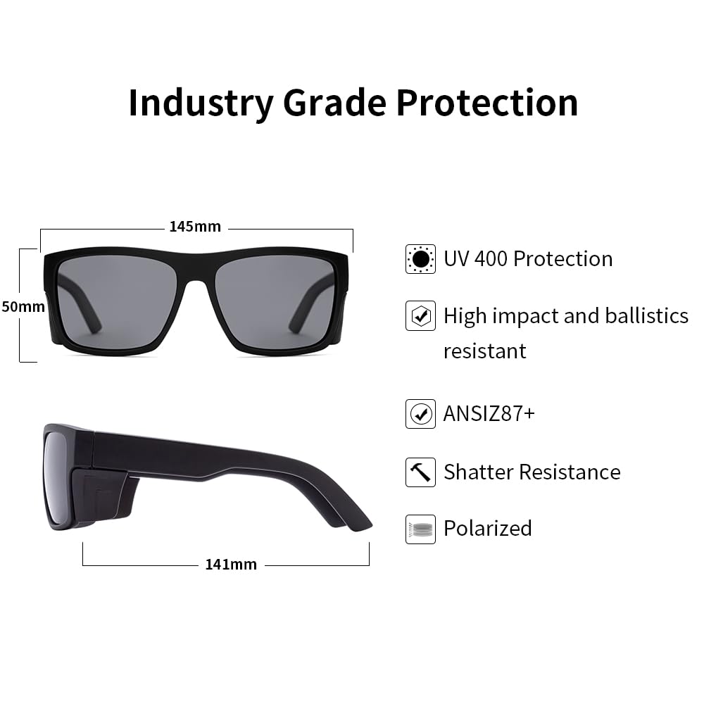 Gafas de sol de seguridad para hombre, color negro mate, polarizadas ANSI Z87+, protección UV, polarizadas negras ahumadas, 48,3 mm