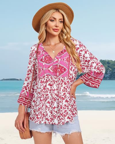 Unixseque Summer Boho Womens Tops Floral Print Dressy Casual V-Neck Tie Front Trendy Fall 3/4 Sleeve Blouses3