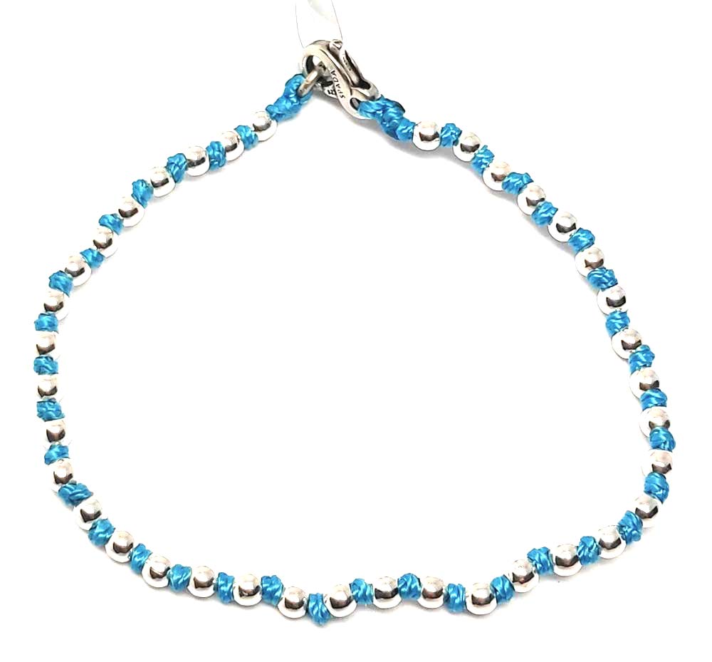 Spadarella spadino bracciale con pepite in argento 925 di diametro 6 mm e cotone nautico azzurro.Fatto a mano.Unisex.Lunghezza 17cm