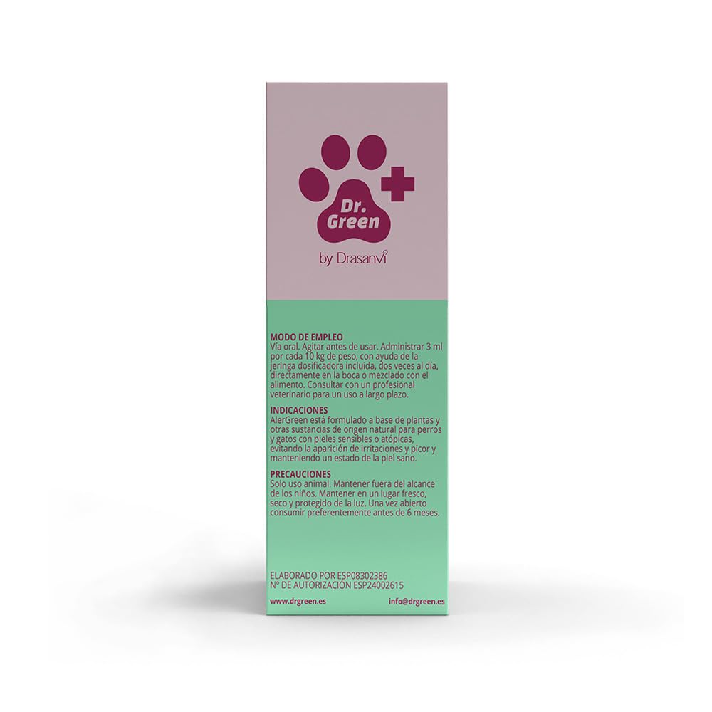 Drasanvi AlerGreen para Perros y Gatos | Solución Oral 250 ml Natural para Alergias, Picor e Inflamación | Omega 3 y 6 Quercetina y PEA | Cuidado Especial de la Piel Sensible con Jeringa Dosificadora