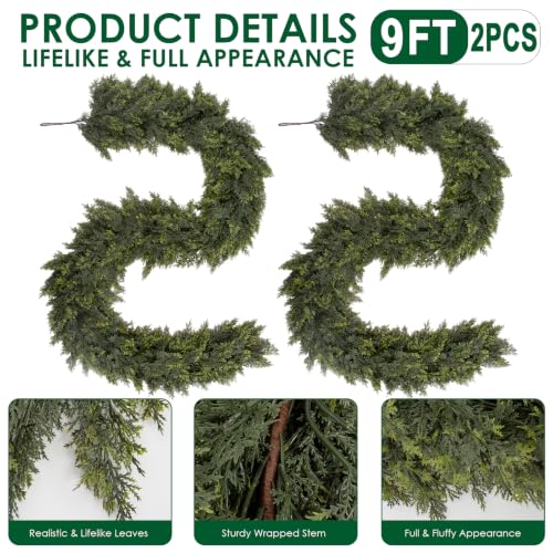 Image of Hananona 9FT Artificial Cedar Garlands, 2Pcs Real Touch Soft Cedar Pine Garland, Winter Artificial Greenery Garland for Fireplace Mantel Staircase Porch Table Indoor Home Decor (2, Dark Green, 9FT)