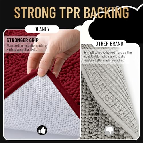 Image of OLANLY Thick Bathroom Rugs 30x20, Extra Soft Absorbent Chenille Striped Bath Rugs, Rubber Backing, Machine Wash Dry, Bath Mats for Bathroom Floor, Tub and Shower, Home Decor Accessories, Red