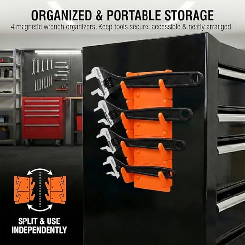 Image of HORUSDY 4-Piece Adjustable Wrench Set With 4-Piece Magnetic Wrench Organizer Racks, 6 inch 8 inch 10 inch Wide Jaw Black Oxide Wrenches with Tool Roll Pouch, Metric&SAE Scales, CR-V Steel for Home Garage Workshop