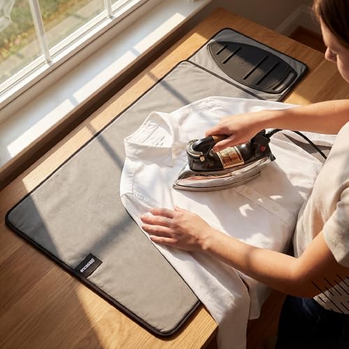 Image of Encasa XO Ironing Mat /Pad (Small 70x50 cm) with Padding, Anti-Slip, Silicone Iron Rest for Steam Press on Tabletop or Bed - Heat Resistant, Portable Travel Friendly - Beige