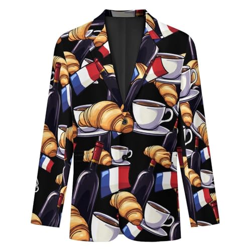 Wine Coffee Croissants France Flag Men's Slim Suit Long-Sleeve Prom Tuxedo Classic Two Button Business Jacket4