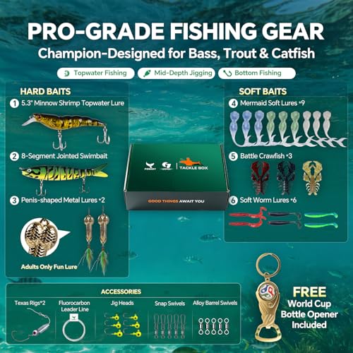 Image of Fishing Lures Kit for Men Women, Soft Bait Tackle Box Set in Red Gift Box, Complete Fishing Gear with Pendant Keychain, for Freshwater Bass Trout Saltwater