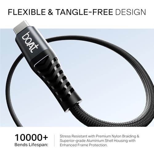 Image of boAt FlexiCharge 250 Cable with 2-in-1 Connectivity Type-C to Type-C + Lightning Cable; 60W /3A PD Fast Charging, 480 Mbps Data Sync, 1.2 m (3.9 ft),10000+ Bends Lifespan, Nylon Braided (Carbon Black)