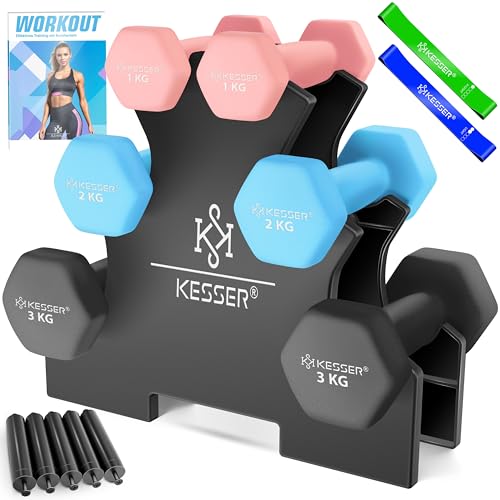 KESSER® Juego de mancuernas, 3 pares, 1 kg – 5 kg, 12 kg o 18 kg, con soporte, almacenamiento, gimnasio, entrenamiento de fuerza, juego de pesas de neopreno antideslizante, con cuaderno de ejercicios,