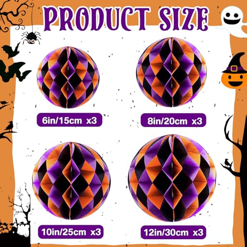 Image of Dunzoom 12 Pcs Halloween Party Decorations Set 6 inch 8 inch 10 inch 12 inch Birthday Honeycomb Balls Party Decorations Purple Orange Black Hanging Round Tissue Paper Pom Poms for Halloween Garden Home Decor