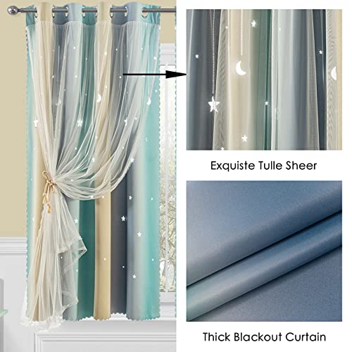Ajazz Curtains For Girls Bedroom Kids Curtain Hollow-Out Star Window Drapes Curtain Room Darkening Grommet 2 Layers,63 Inch Length 2 Panels Set #TOP5
