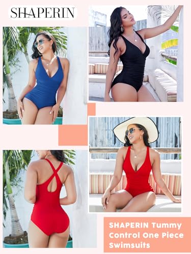SHAPERIN Women's Swimsuits One-Piece Tummy Control Bathing Suits Sexy Ruched High Waist Padded Push Up Swimwear Plus Size Navy 2XL — view 3