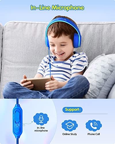 DOQAUS Kids Headphones, Toddler Headphones with 74/85/94db Volume Limited, Wired Childrens Headphones with Mic, Share Function, Gifts for Kids, Headphones for Girls Boys Travel Phone Tablet, Blue