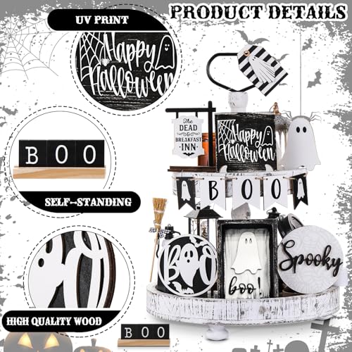 19 Pcs Tiered Tray Decor - Cute Ghost Tray, Wooden Signs, Bead Garland - Farmhouse Rustic Halloween Decorations for Home Table Party Supplies - Image 5
