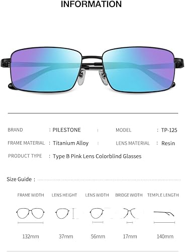 Miniatura 9 de Pilestone TP-125 Lens B - Lentes para daltónicos, marco de titanio lujoso para ceguera roja y verde severa, uso en interiores y exteriores, Púrpura