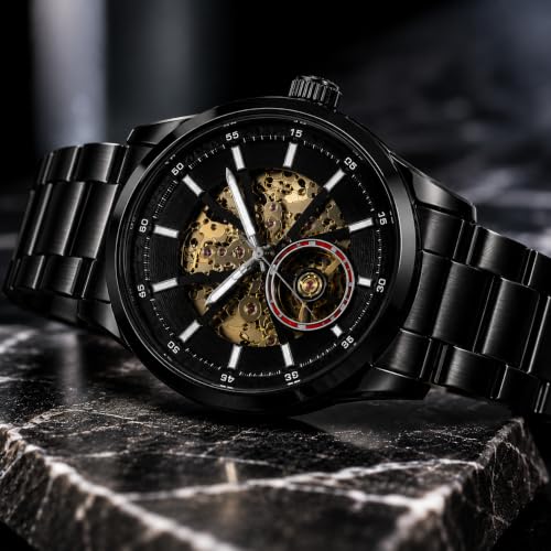 Image of Automatic Watches for Men, Black Analog Skeleton Mechanical Wrist Watch with Stainless Steel Chain, Black Dial, Self Winding Luxury Timepiece, Classic Waterproof Hand Watch