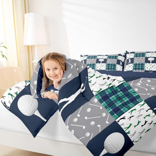 Image of Feelyou Golf Comforter Set King Size Blue Green Plaid Buffalo Check Geometric Bedding Set for Kids Boys Girls Sports Theme Duvet Quilt Bedroom Decor Microfiber 3 Pcs with 2 Pillow Cases
