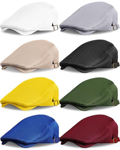 Image of Chuarry 8 Pack Men's Mesh Flat Cap Breathable Summer Newsboy Hat Cabbie Driving Hats for Men
