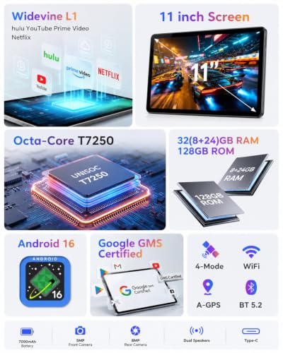 Image of Android Tablet 11 inch, Android 16 Tablet, 32GB RAM + 128GB ROM | Android 16 OS 32GB RAM 128GB ROM Gemini AI Google GMS Certified T7250 Octa-Core 11 inch HD Wi-Fi 6 BT 5.0 GPS 7000mAh Battery