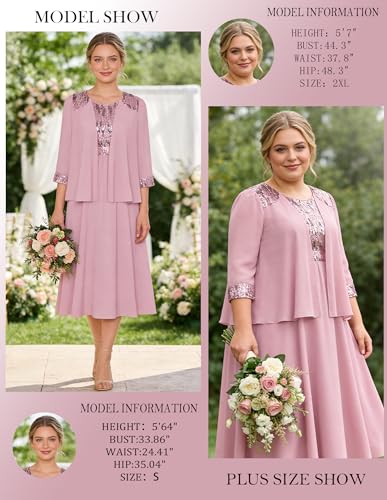 Image of GRACE KARIN Formal Wedding Guest Dress Sequin Mother of The Bride Dresses | Two Piece,3 /4 Sleeve,Tea Length,Crew Neck,Fit and Flare,Chiffon,Suitable for Spring /Summer /Fall /Winter /Cocktail /Party /Prom