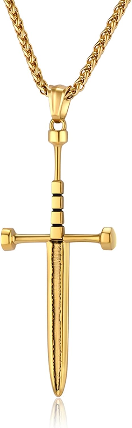 MERTTURM Crocifisso Collana Uomo, Gioiello Maschile Collana con Ciondolo a Croce Spada, Catena in Acciaio Inossidabile Croce Spada per Battesimo Cristiano, Uomo, Gotica, Rock, Punk con Scatola Regalo