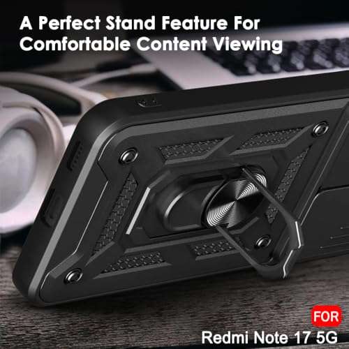 Image of TheGiftKart Tough Armor Bumper Back Cover Case for Redmi Note 17 5G | Sliding Camera Cover, Kickstand & Ring Holder | 360 Degree Protection Back Cover Case for Redmi Note 17 5G (PC & TPU, Black)