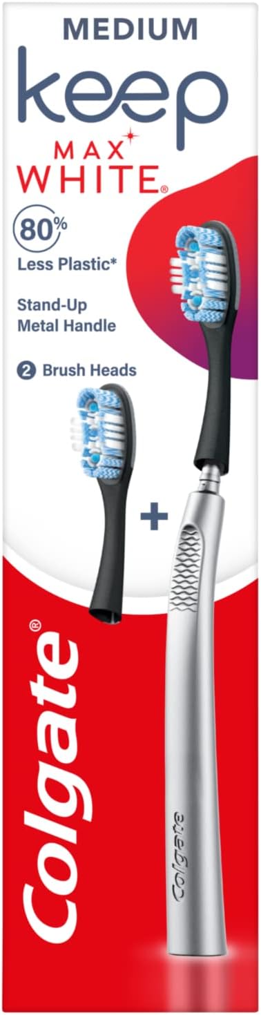 Keep 360 Max White Toothbrush Starter Pack - Replaceable Head Toothbrush - Reusable Metal Handle - 2X 360 Max White Toothbrush Replacement Heads - Stain Removing Cups