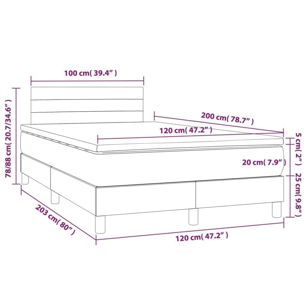 Tkanina z regulowanym zagłówkiem LED 120x200 cm Szary | Łóżko kontynentalne z materacem 120x200 jasnoszare z LED i zagłówkiem, tkanina poliester, sprężyny kieszeniowe