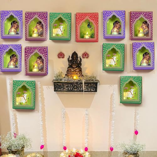 Image of Diwali Decoration Items- Set of 12 LED Jharakho Diya Box, LED candles Wall Hanging Home Decor,Diwali Decor Festive Decor Items, DIY Craft Traditional Jharokha Box for Hanging