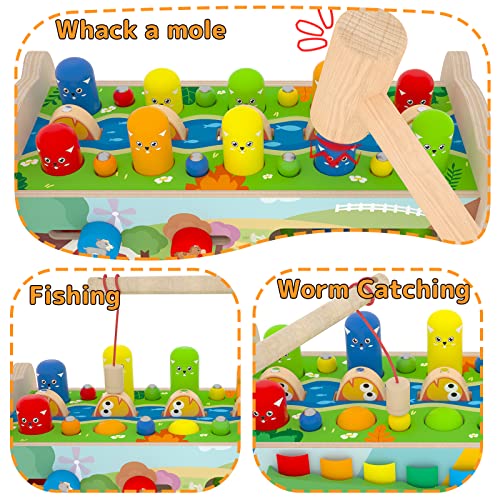 8 In 1 Wooden Montessori Hammering And Pounding Toys For 1+ Year Old Whack A Mole Game Xylophone Fishing Worm Catching Toys For 1 2 3 4 Year Old Boys Girls Toddlers Educational Learning Sensory Toys #TOP4